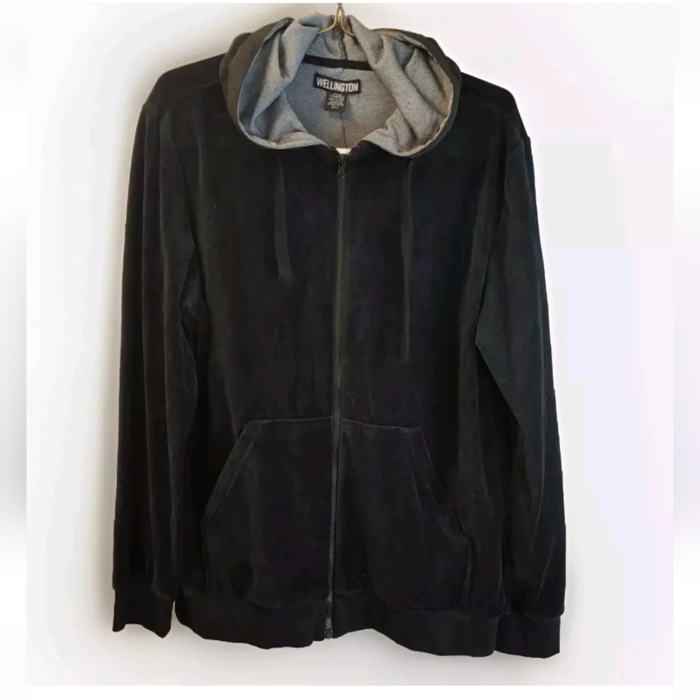 Wellington Y2k Velour Hoodie  Sweatshirt Jacket Woman L Black Zip Gothic Fairy